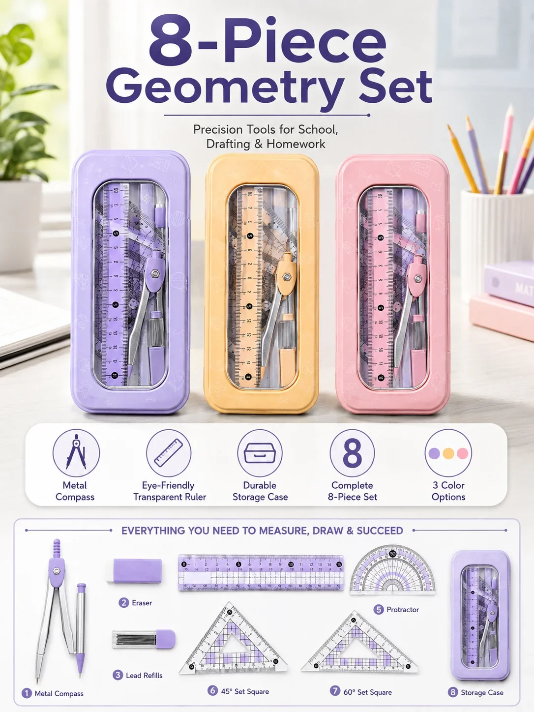 8-Piece Math Geometry Set for  - Math Geometry Set With Compass recension och pris