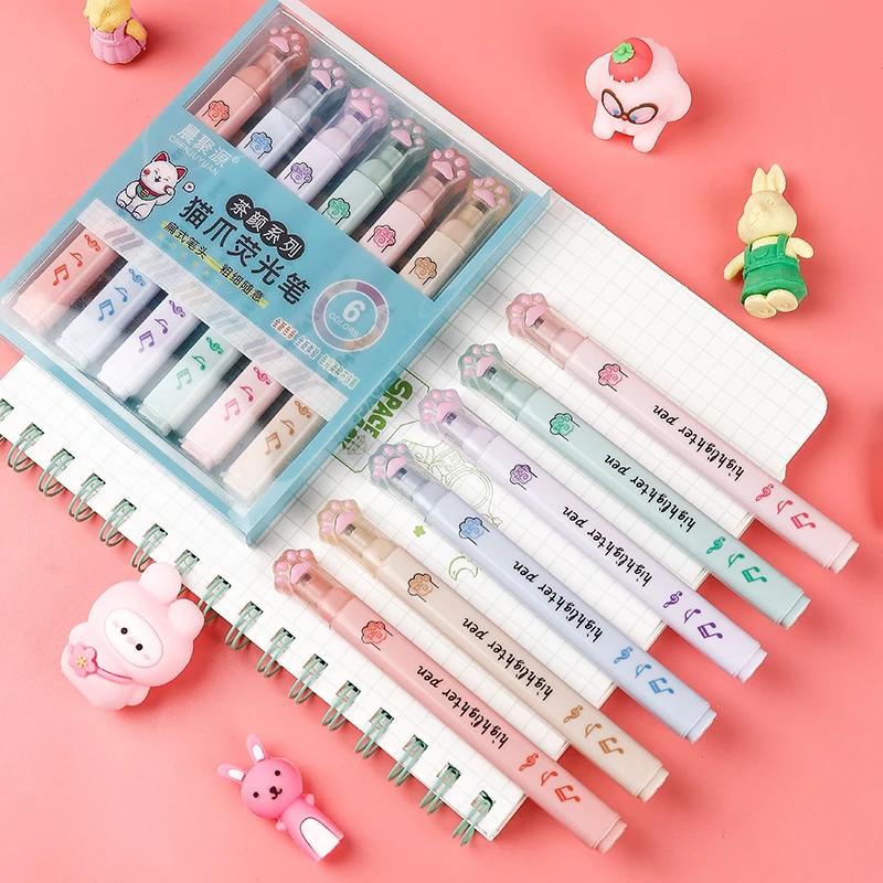 6 pcs/pack Kawaii Cat Claw Pas - Pastel Highlighter Set Double Ended recension och pris