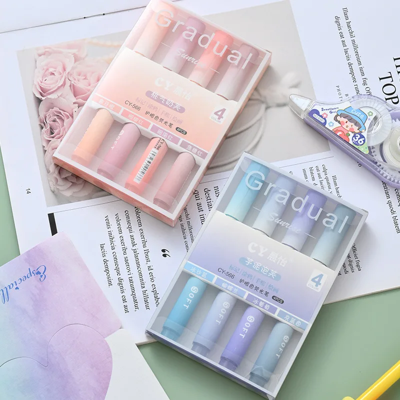 2025 4Pcs/Pack Gradual Highlig - Pastel Highlighter Set Double Ended recension och pris